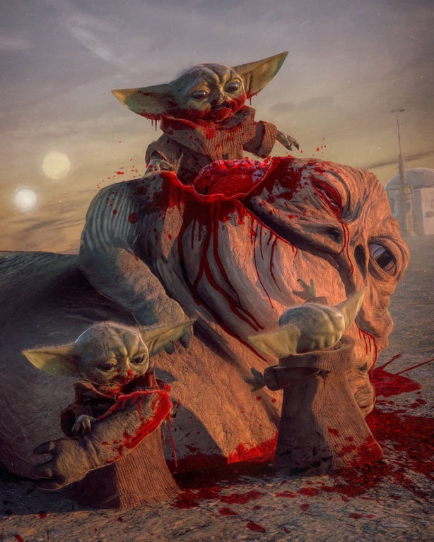 The meme features a screenshot from the Star Wars franchise, specifically a scene where a character is being eaten by a pack of ravenous, monstrous creatures. The image has been altered to replace the character with a 3-year-old boy from the Star Wars universe, known as "Baby Yoda" or "The Child." The caption above the image reads: "When you're trying to have a snack but the kids are eating you alive."